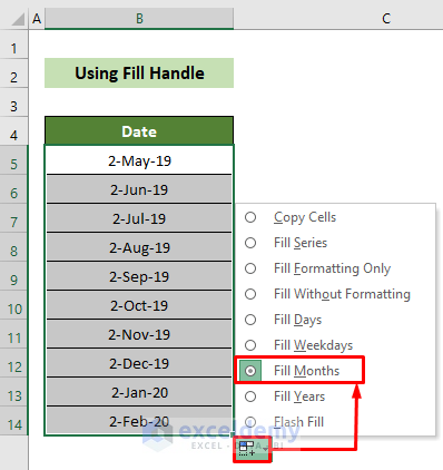 Choose Fill Handle Option to Create Automatic Rolling Months in Excel