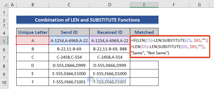 Compare Two Cells with Text with sensitivity with LEN, SUBSTITUTE Function