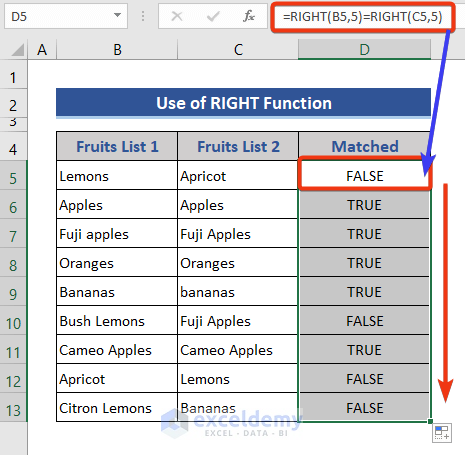 Compare Two Cells with Text with RIGHT Function