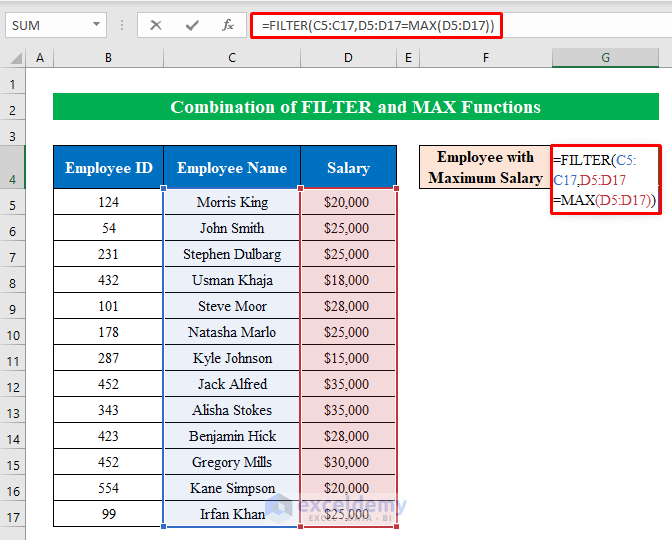 Use FILTER and MAX Functions to Find Max Value and Corresponding Cell