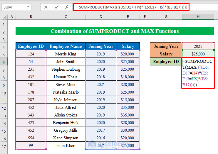 Combining SUMPRODUCT and MAX Functions to Find Max Value for Corresponding Cell Based on Multiple Criteria