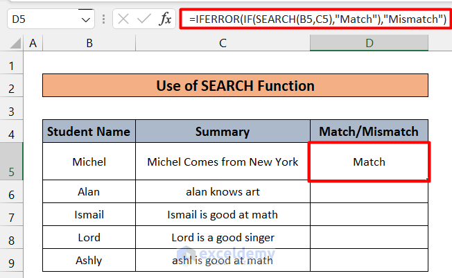 Finding Similar Text in Two Columns Using the SEARCH Function