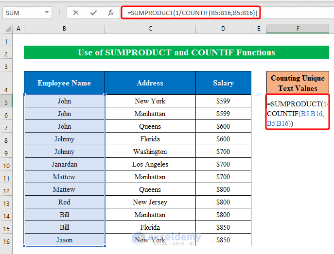 Using Basic SUMPRODUCT and COUNTIF Functions to count unique values in Excel