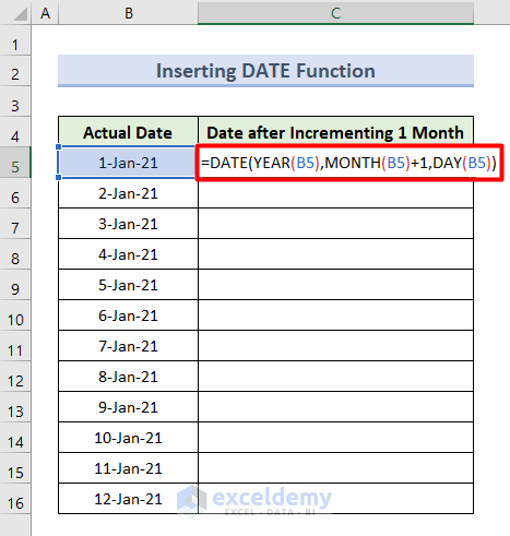 Insert DATE Function to Increment by Month in Excel