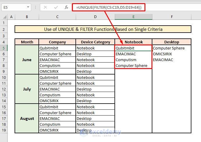 Extract unique values based on single criteria in excel