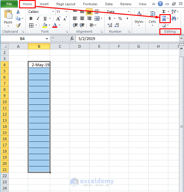 Fill Option in Excel Toolbar