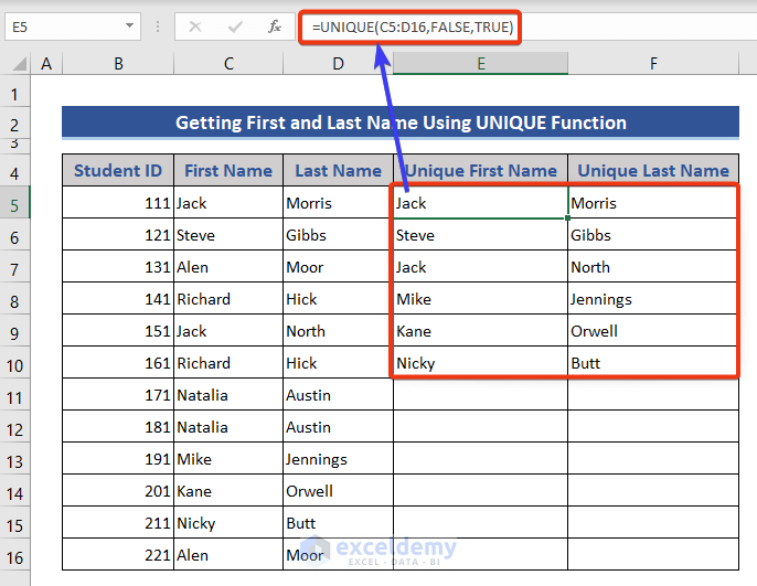 Apply UNIQUE function to find unique values in Excel