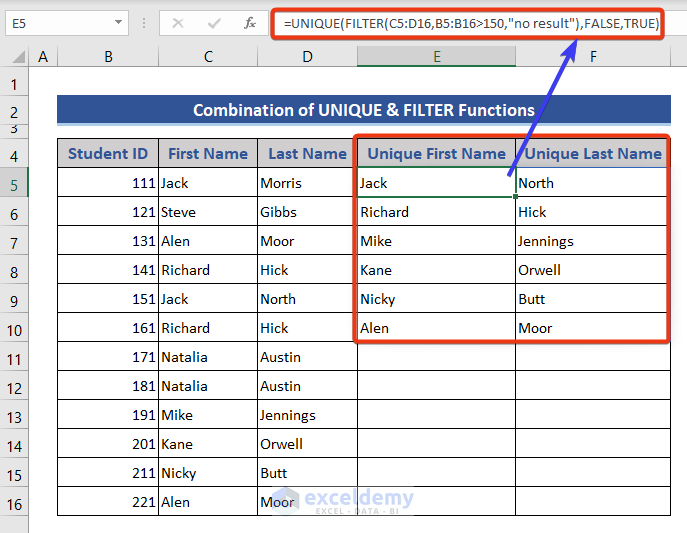Combination of UNIQUE & FILTER functions to find unique values in Excel