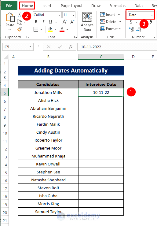 Number Format to Add Dates in Excel Automatically