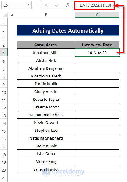 Add Dates in Excel Automatically using DATE Function