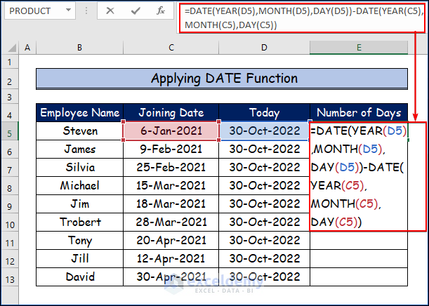 Applying DATE Function to Apply Excel Formula to Count Days from Date to Today