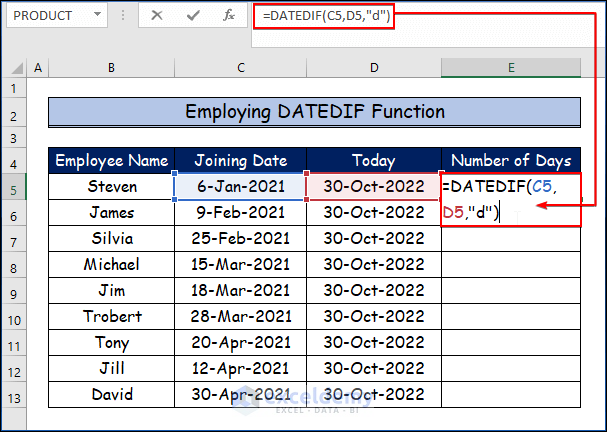 Employing DATEDIF Function to Apply Excel Formula to Count Days from Date to Today