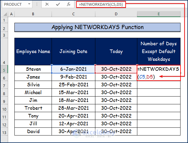  Applying NETWORKDAYS Function to Apply Excel Formula to Count Days from Date to Today