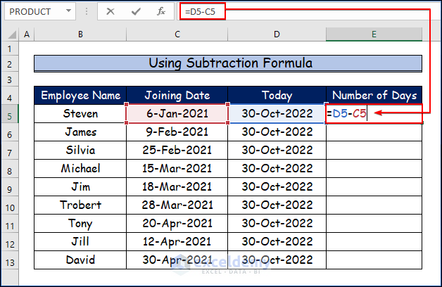 Using Subtraction Formula to Apply Excel Formula to Count Days from Date to Today