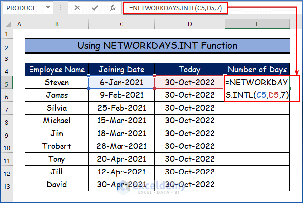  Using NETWORKDAYS.INT Function to Apply Excel Formula to Count Days from Date to Today