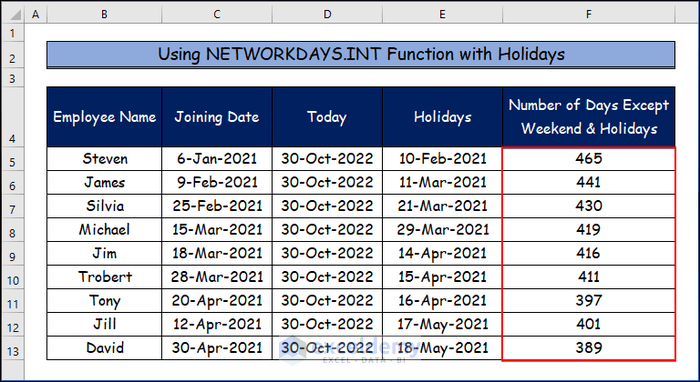  Using NETWORKDAYS.INT Function to Apply Excel Formula to Count Days from Date to Today