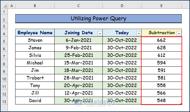 Utilizing Power Query to Apply Excel Formula to Count Days from Date to Today