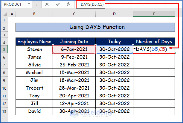  Using DAYS Function to Apply Excel Formula to Count Days from Date to Today