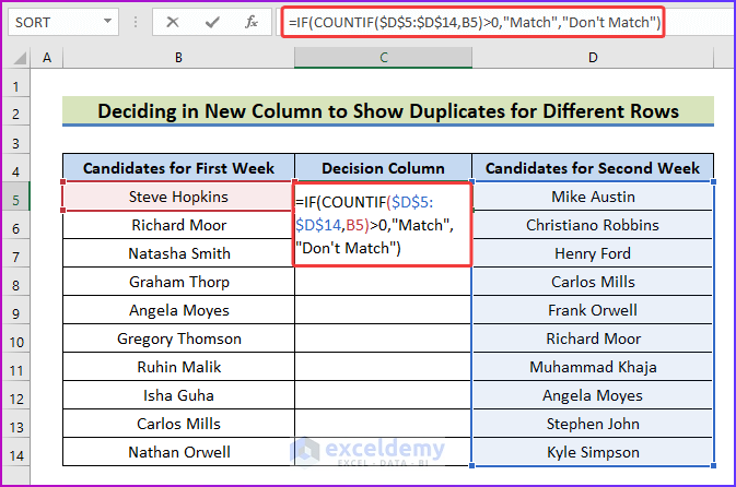 Decide in New Column to Show Duplicates for Different Rows to Compare Rows for Duplicates in Excel