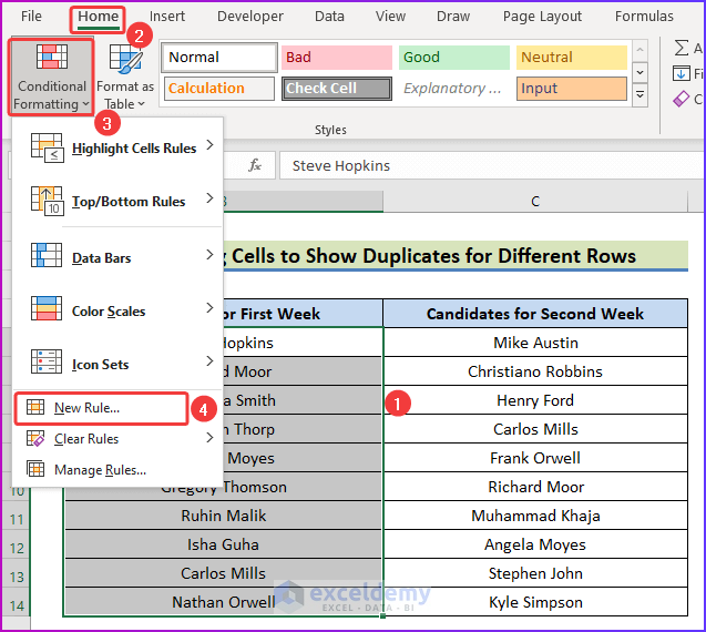 Using Conditional Formatting Highlight Cells to Show Duplicates for Different Rows to Compare Rows for Duplicates in Excel