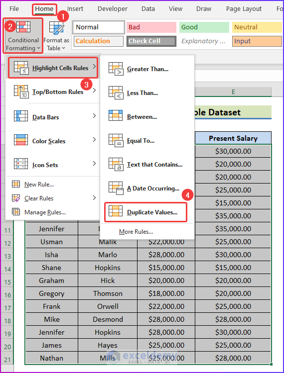 Choosing Conditional Formatting Look For Duplicates in the Whole Dataset to Compare Rows for Duplicates in Excel