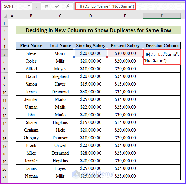 Decide in New Column to Show Duplicates for Same Row to Compare Rows for Duplicates in Excel