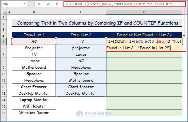 Comparing Text in Two Columns by Combining IF and COUNTIF Functions in Excel