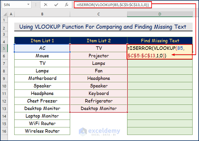 Using VLOOKUP Function For Comparing and Finding Missing Text in Two Columns in Excel