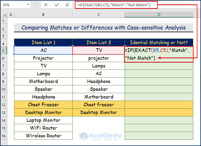 Comparing Matches or Differences with Case-sensitive Analysis in Two Columns in Excel