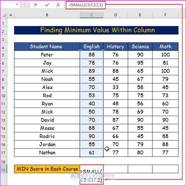 Finding Minimum Value Within Column in Excel