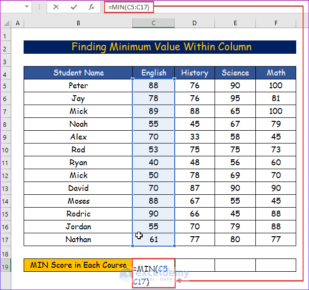  Finding Minimum Value Within Column in Excel