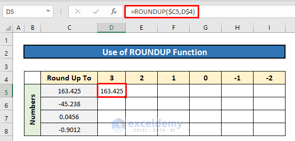 Using ROUNDUP Function to Round up Decimals
