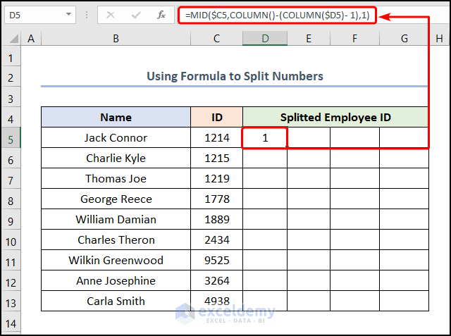 How to Split Numbers in Excel Using Formula