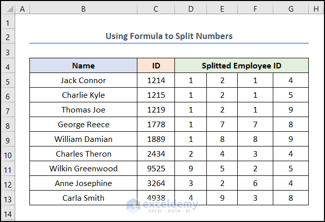 how to separate numbers in excel using formula using MID and COLUMN functions