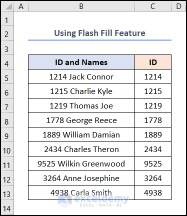 how to separate numbers in excel using formula with Flash Fill feature