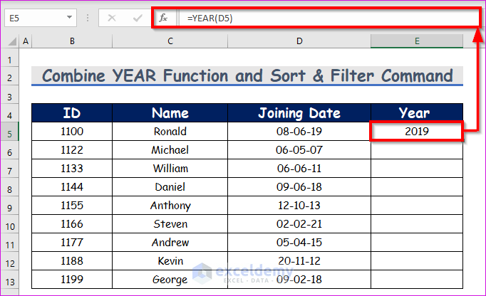 Combine YEAR Function and Sort & Filter Command to Sort Dates by Year in Excel