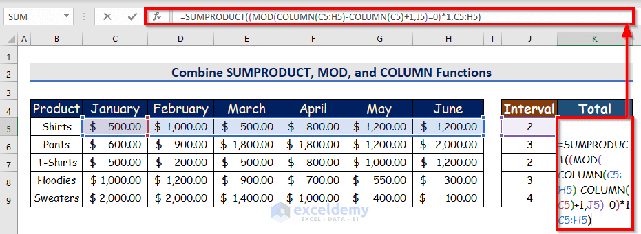 Combine SUMPRODUCT, MOD, and COLUMN Functions