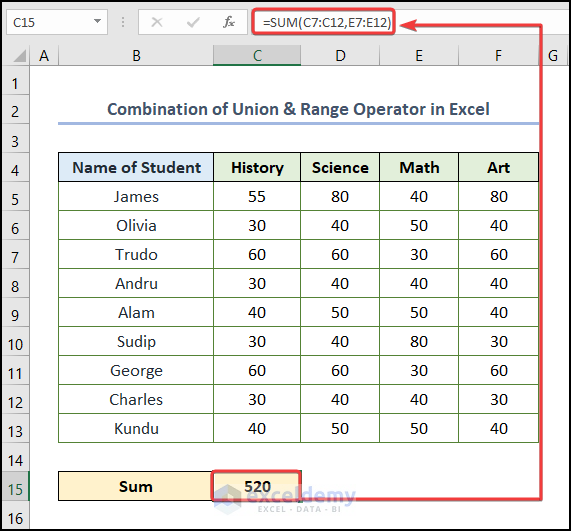 Combination of Union and Range Operator in Excel