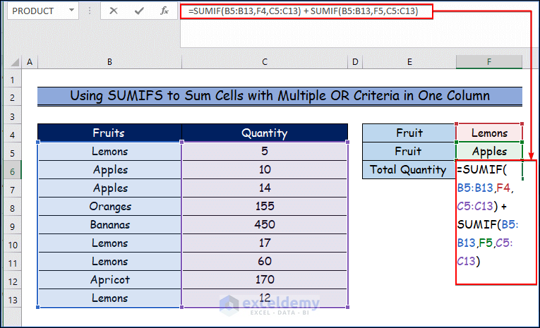 Using SUMIFS to Sum Cells with Multiple OR Criteria in One Column