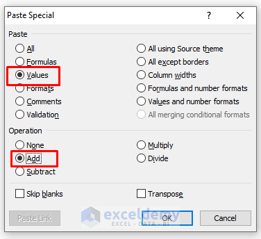 Paste Special Dialogue Box in Excel