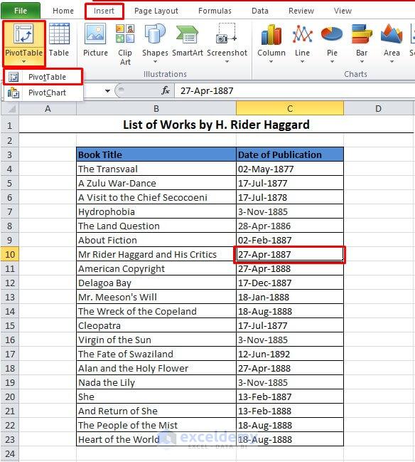PivotTable in Excel Toolbar