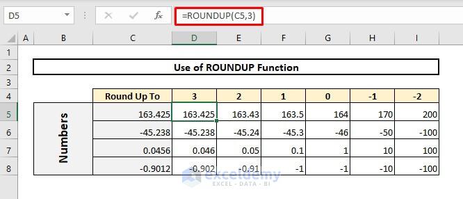 Round up decimals using ROUNDUP function
