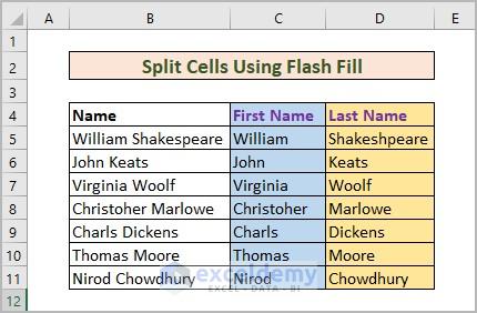Split Cells Using Flash Fill 