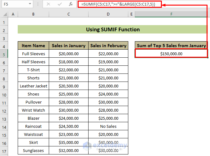 Combine the LARGE Function with SUMIF Function to Sum Top n Values in Excel