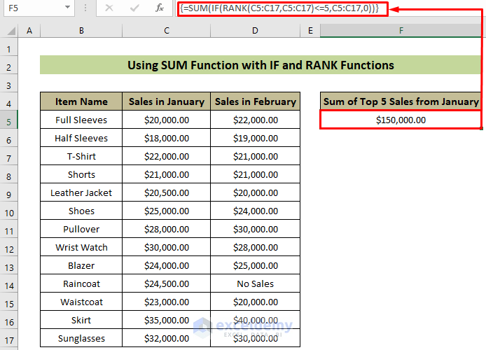 Combining SUM, IF, and RANK Functions to Sum Top n Values in Excel