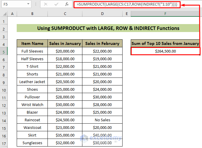 Using SUMPRODUCT, LARGE, ROW, and INDIRECT Functions to Sum Top n Values in Excel