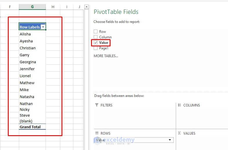 Unique values using Pivot Table in Excel
