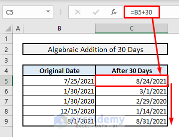 add 30 days to a date with algebraic formula addition