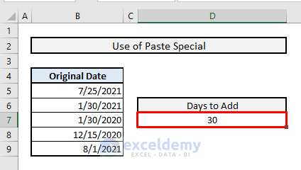 add 30 days to a date with paste special
