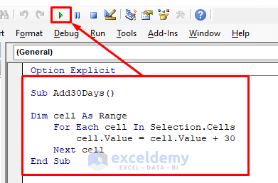 add 30 days to a date with vba editor